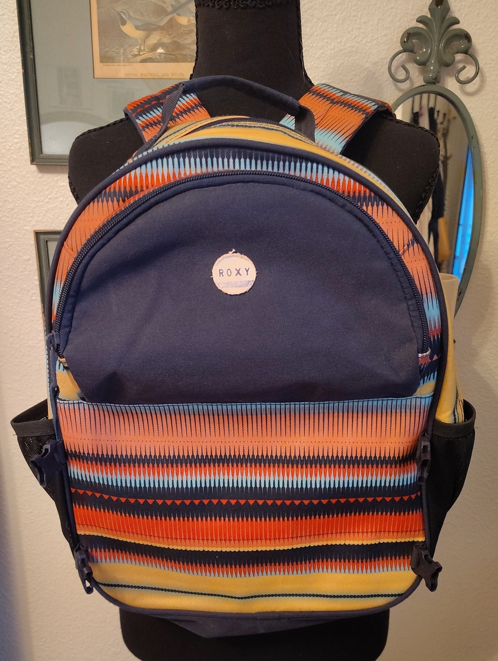 Roxy Navy Backpack with Orange, Yellow and Light Blue Stripes